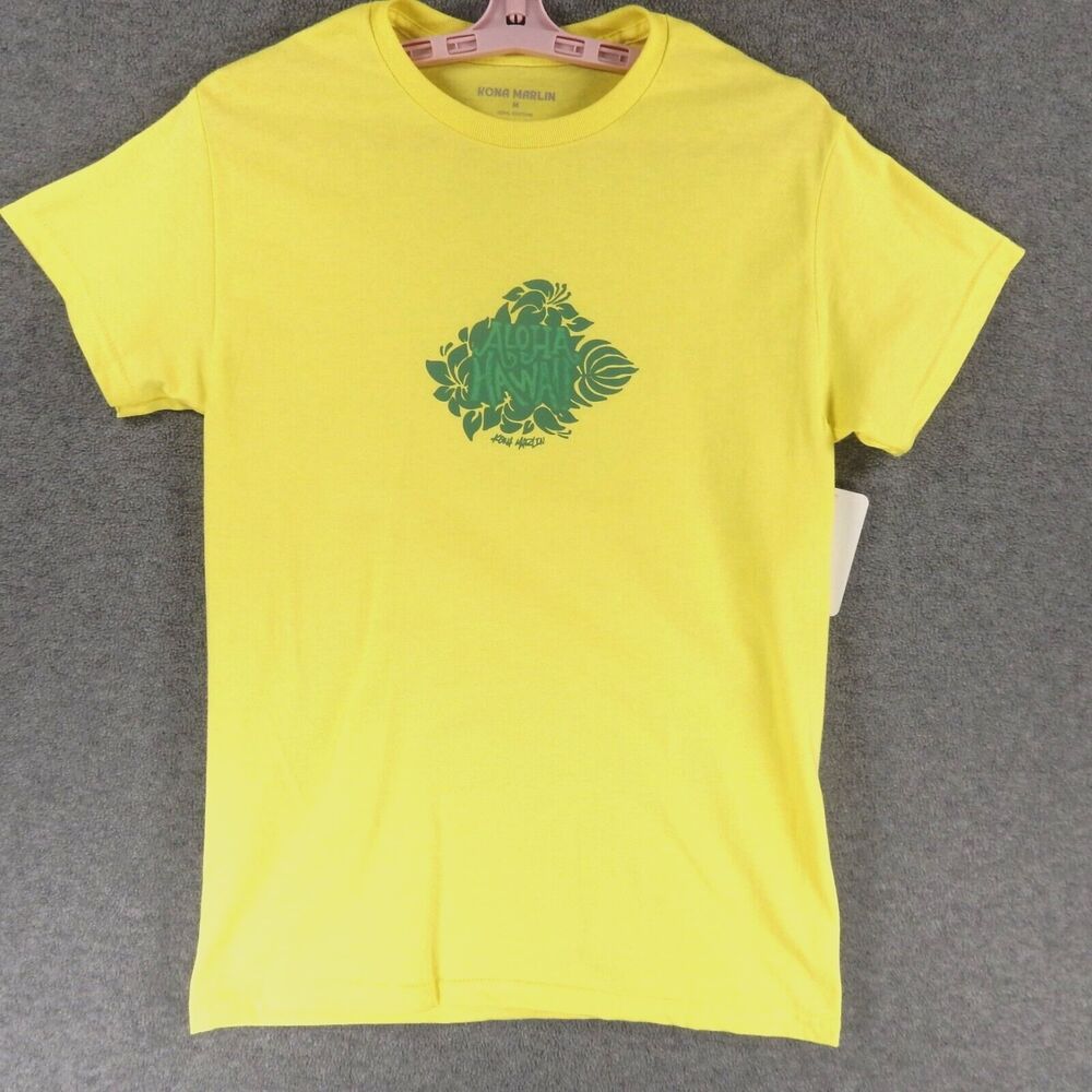 Aloha Hawaii Womens TShirt Medium Yellow Big Island Tropical Flower Kona Marlin